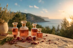 Flacons en verre ambré d'alcool rose artisanal sur table en pierre, pétales de roses séchées, lumière dorée