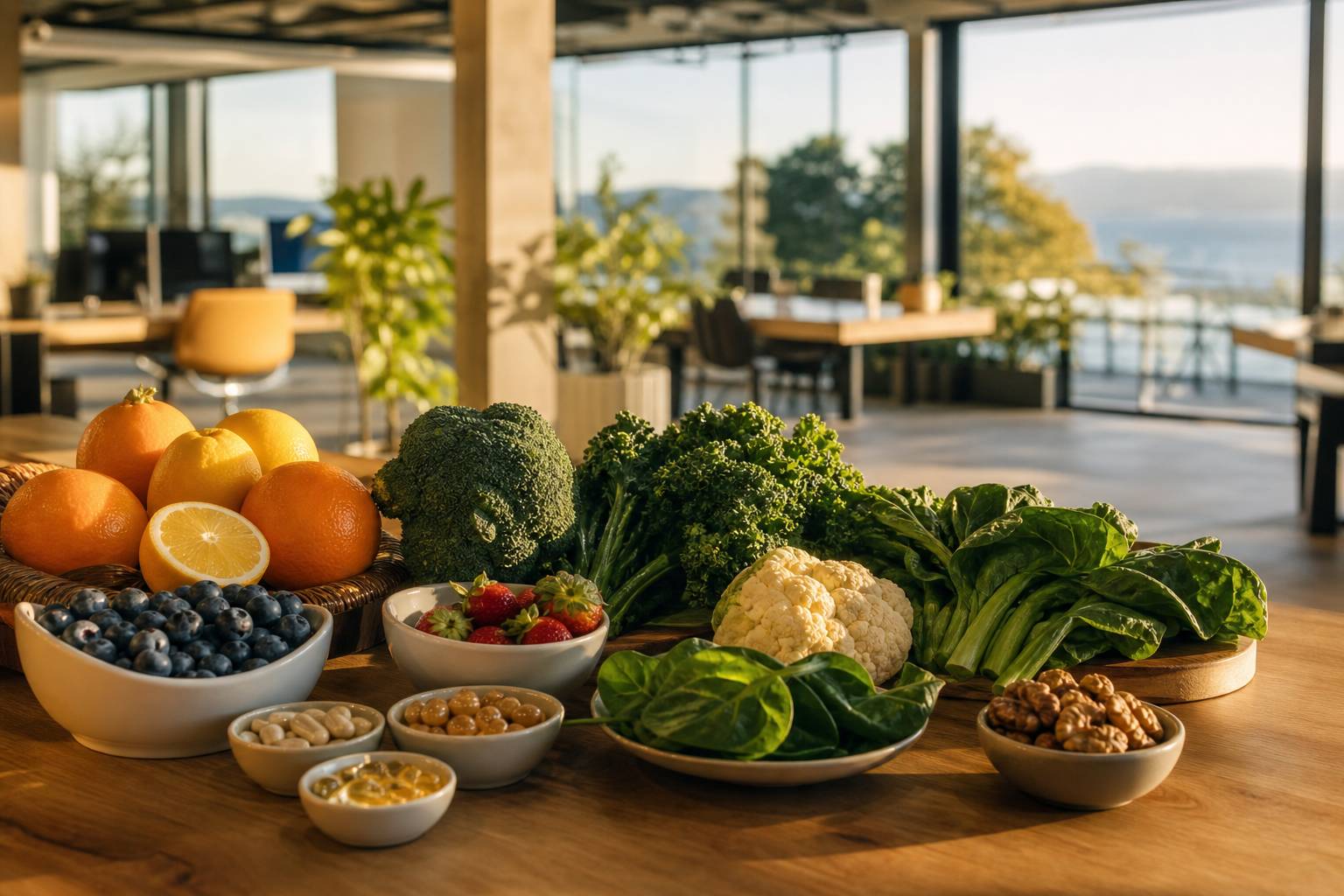 Aliments naturels riches en vitamines: oranges, baies, noix disposés sur surface en bois