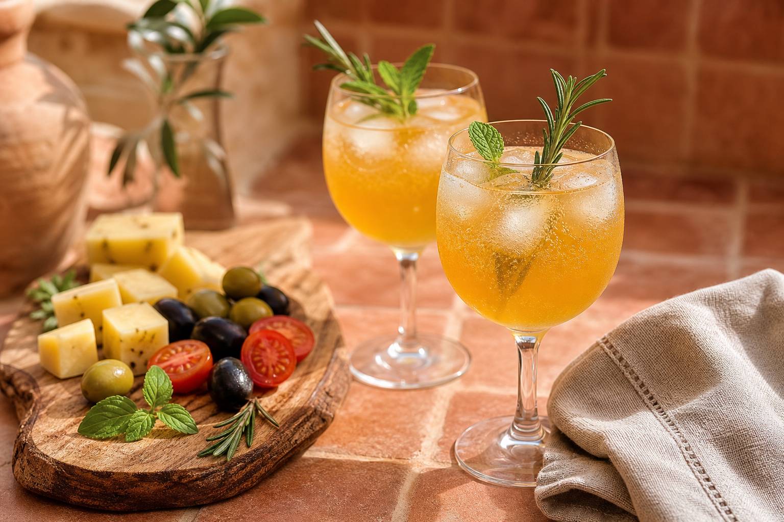 Apéritif sans alcool avec verres de jus pétillant Unaju et amuse-bouches