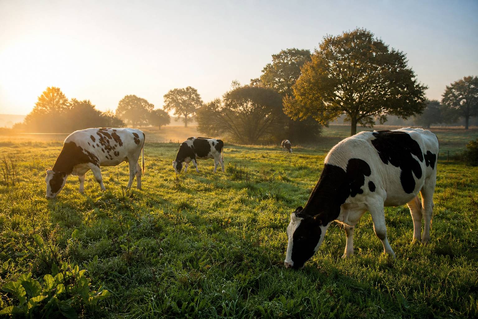Vaches dans un pré vert à la ferme laitière biologique au matin