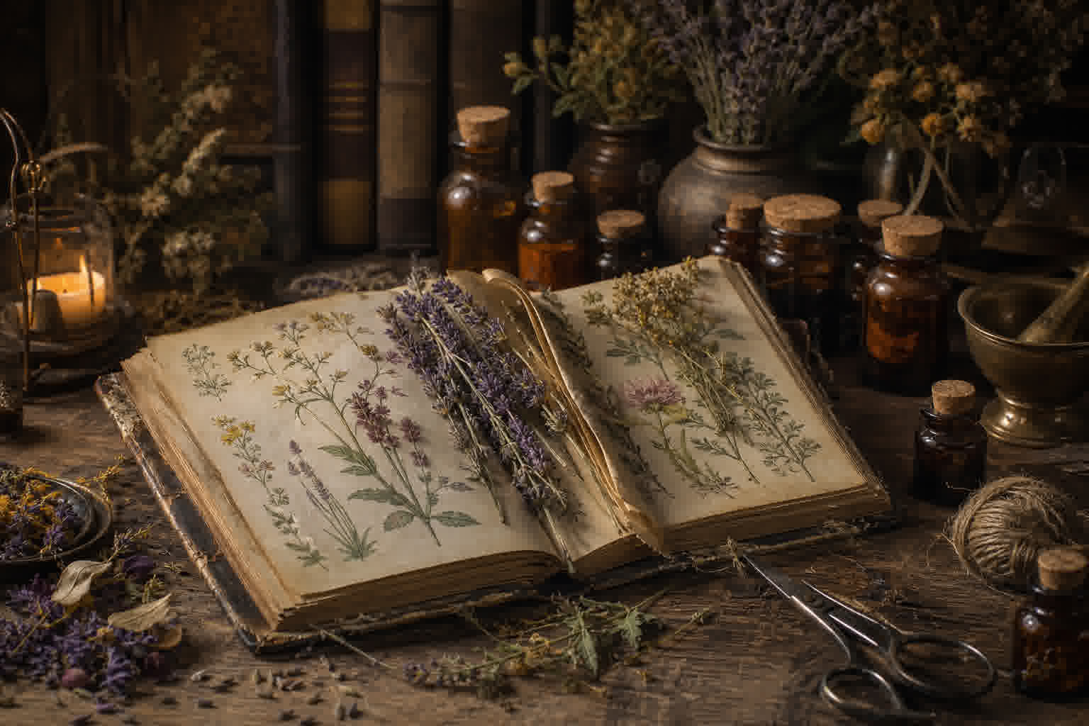 Livre ouvert avec des fleurs séchées et flacons d'huiles essentielles