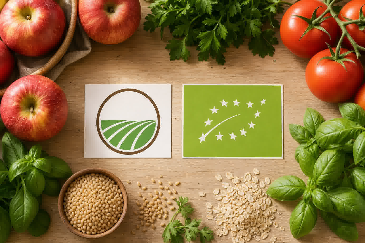Comparaison des labels bio américains et européens sur fond de fruits et légumes bio