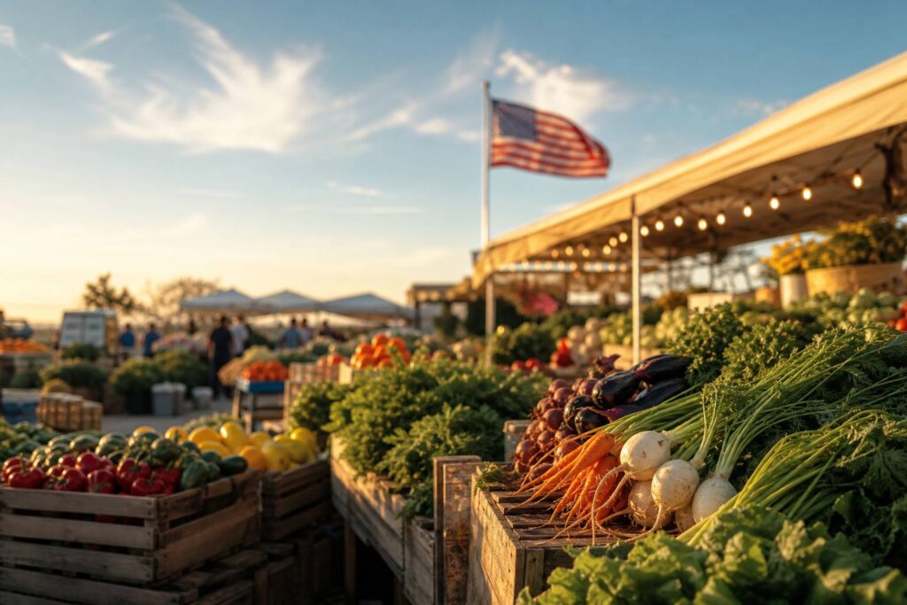 Marche fermier americain avec fruits et legumes bio