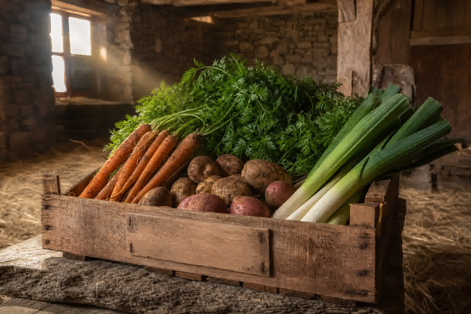 Cagette de légumes bio estampillée Biodis Bretagne dans une grange en pierre
