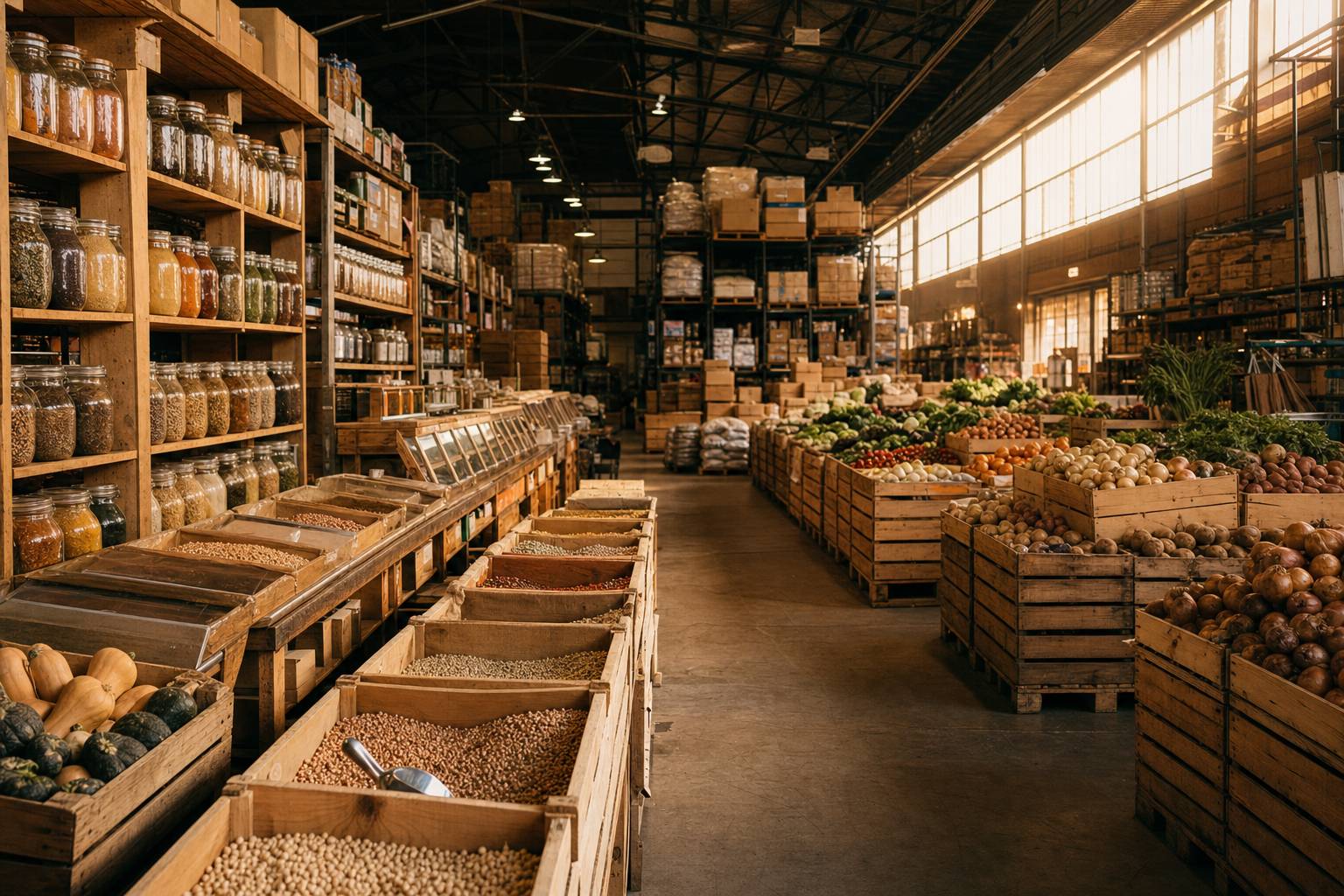 Entrepôt de produits biologiques Biodyssée avec étagères de marchandises en vrac et caisse en bois