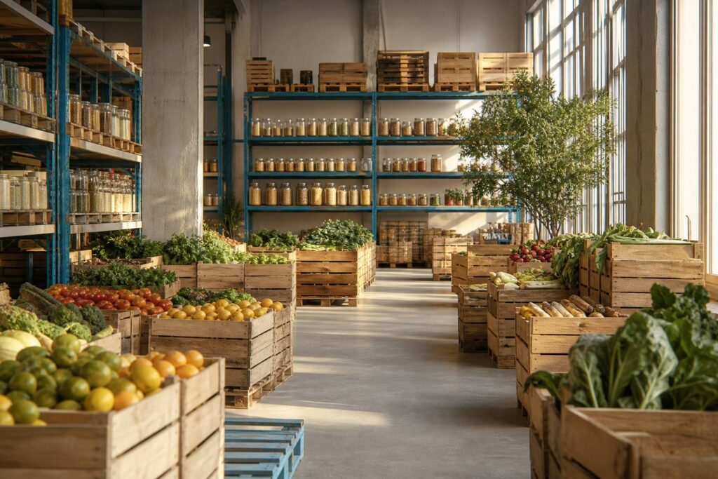 Entrepot bio avec caisses de fruits et legumes frais biologiques