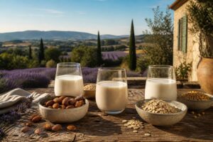 Verres de lait végétal amande et avoine sur terrasse provençale