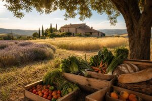 Paysage de ferme biologique en Provence, champs de lavande et blé, maison de pierre, voyage et terroir français
