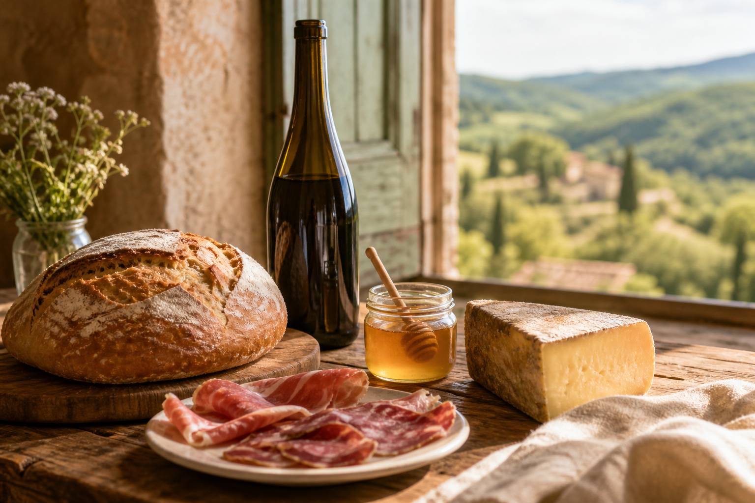 Table en bois avec pain au levain, charcuterie bio, fromage fermier et miel, produits Bonneterre