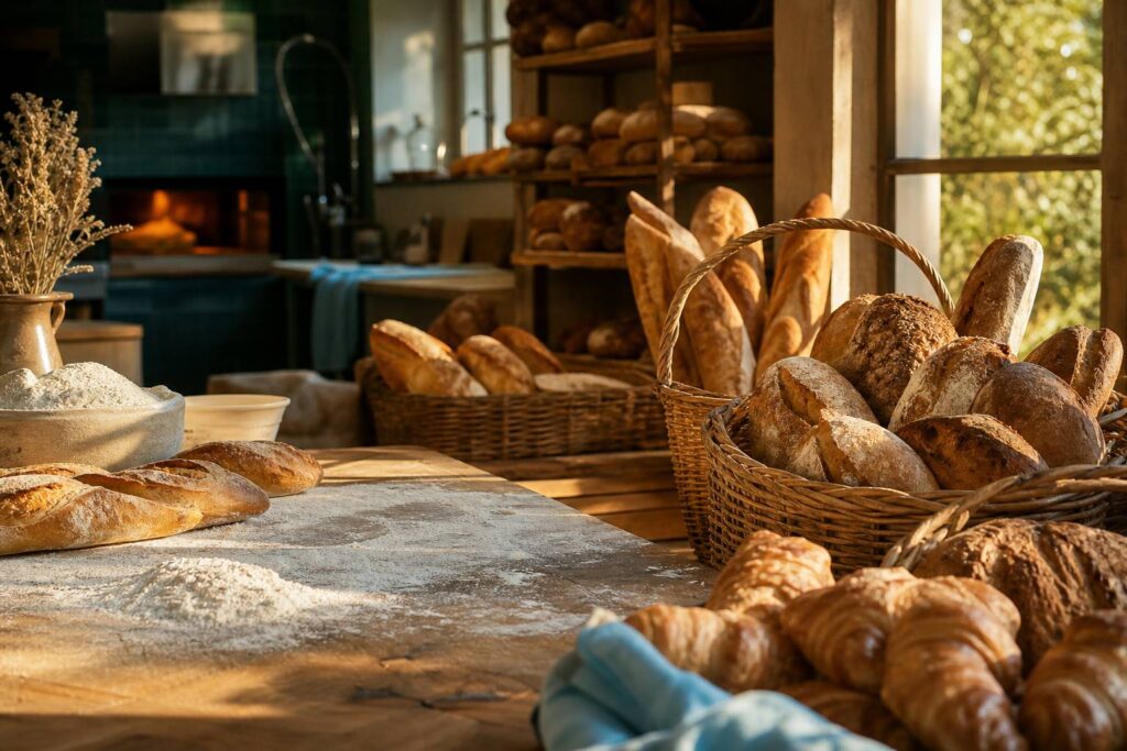 Boulangerie artisanale avec pains dores et croissants frais