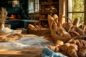 Boulangerie artisanale avec pains dores et croissants frais