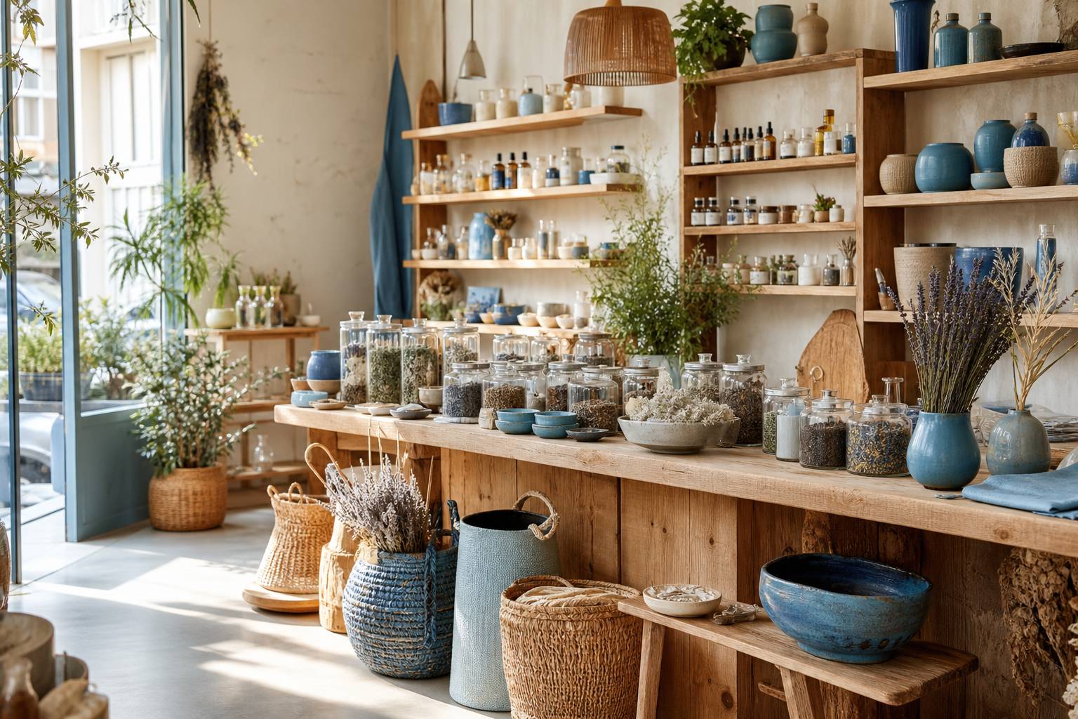 Boutique bio lumineuse avec étagères en bois et produits naturels