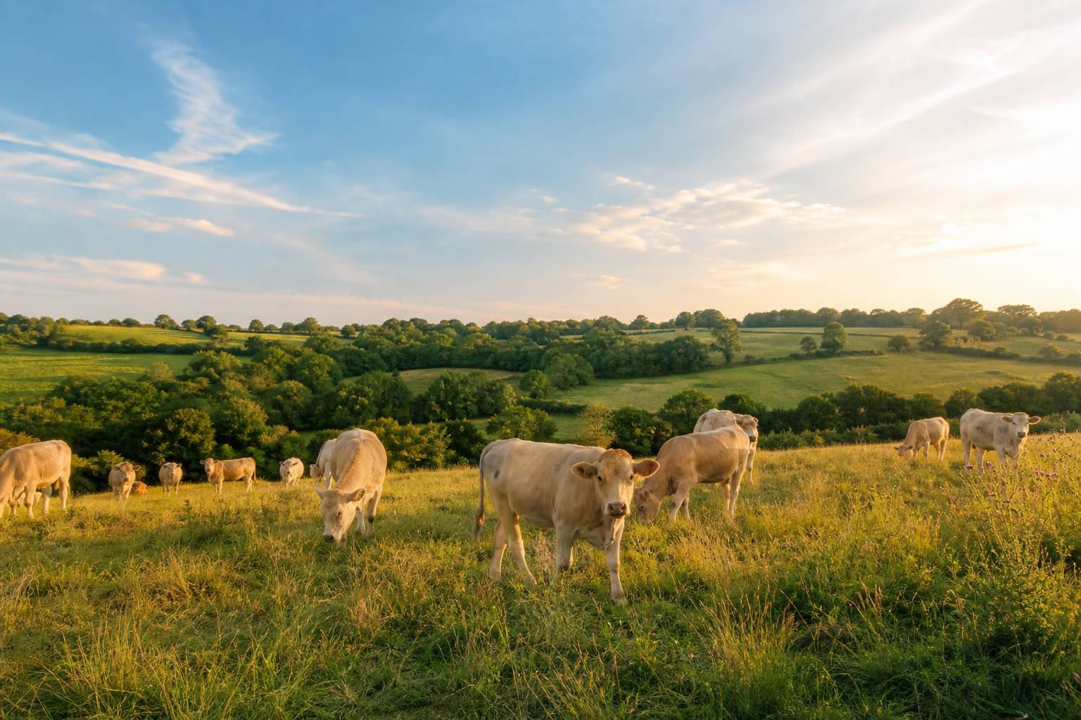 Vaches dans un pré verdoyant, élevage biologique durable avec bâtiment agricole en arrière-plan