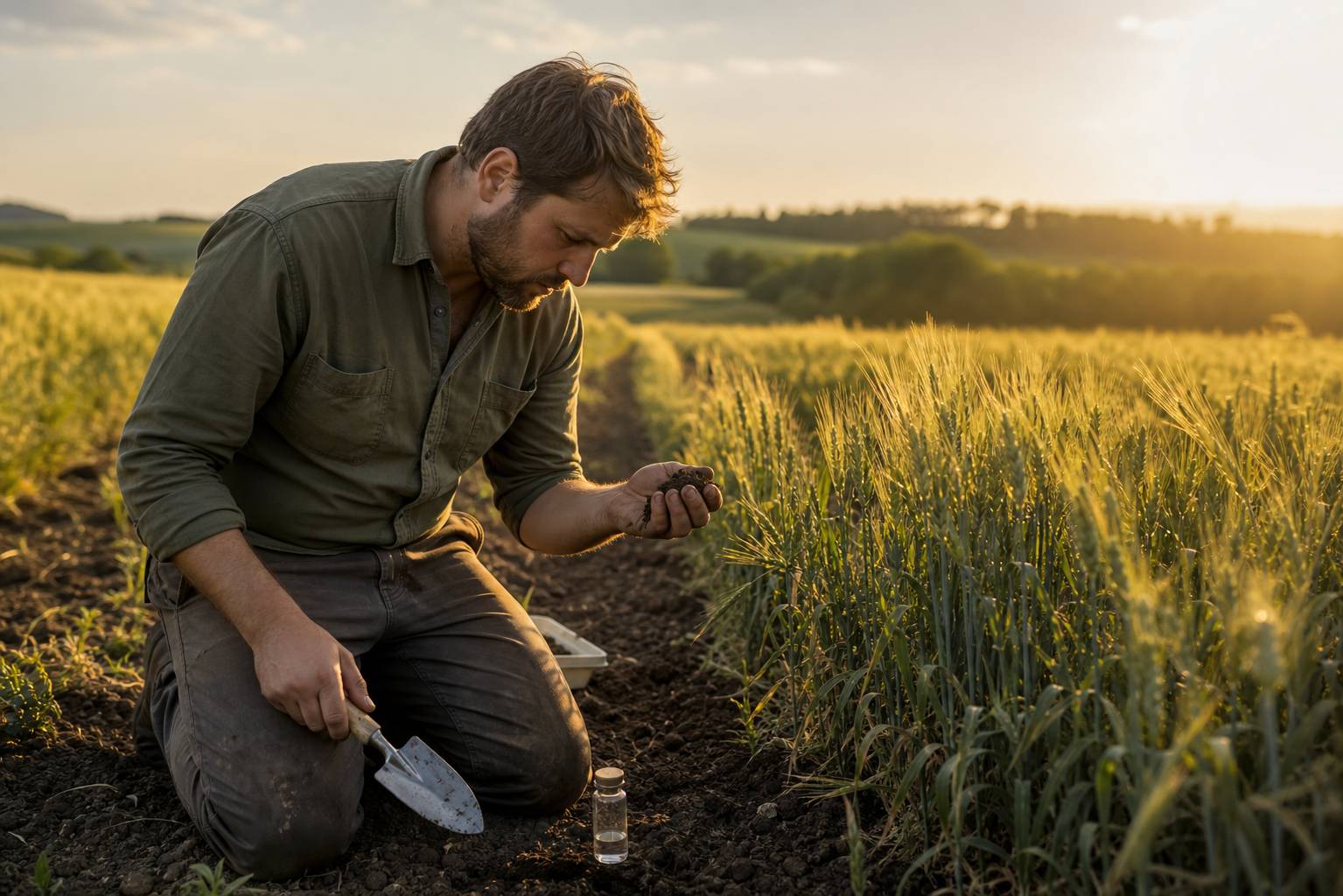 Agriculteur analysant un échantillon de sol dans un champ de blé pour tester la présence de cadmium