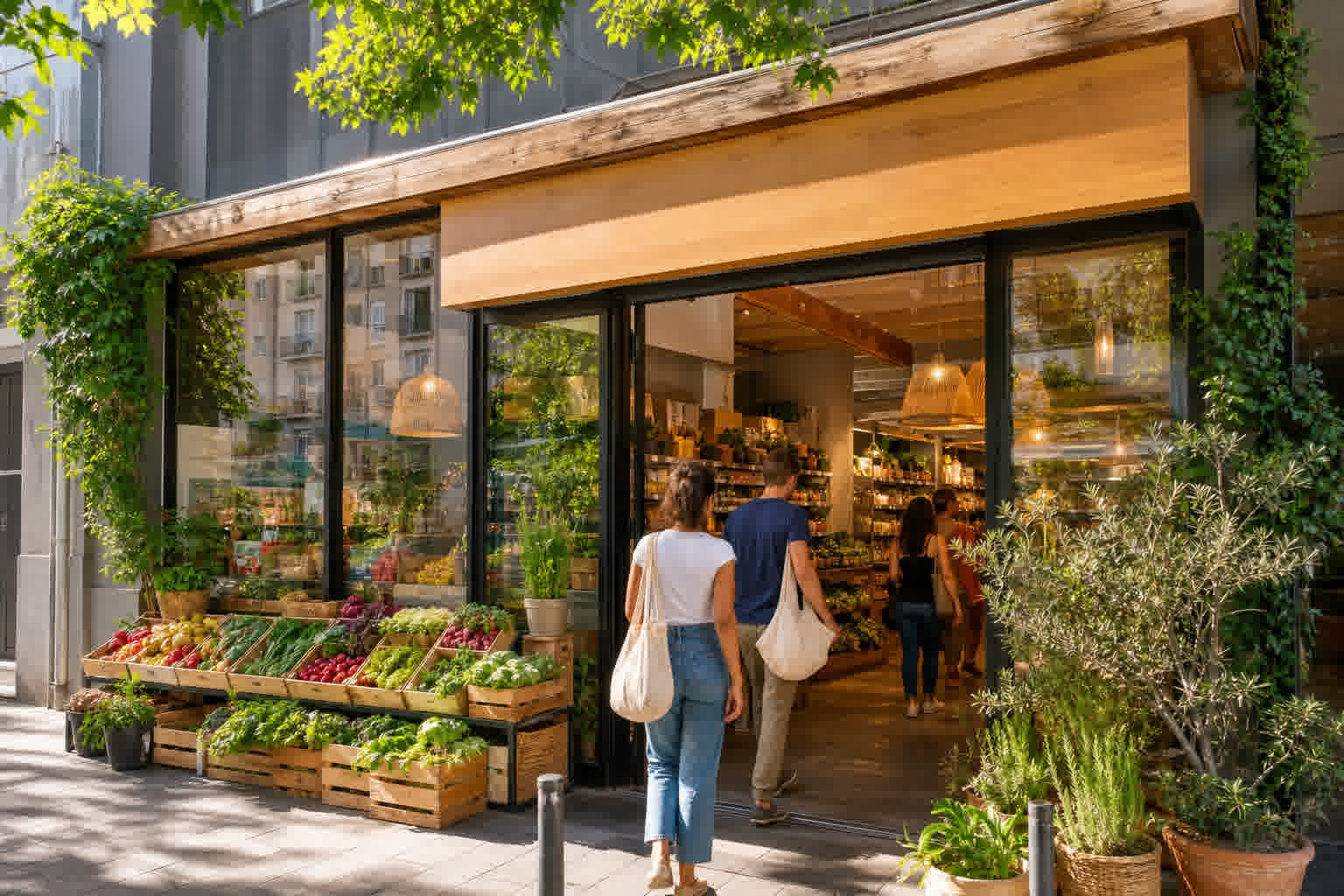 Façade du magasin bio Casabio à Grenoble avec étalage de produits biologiques
