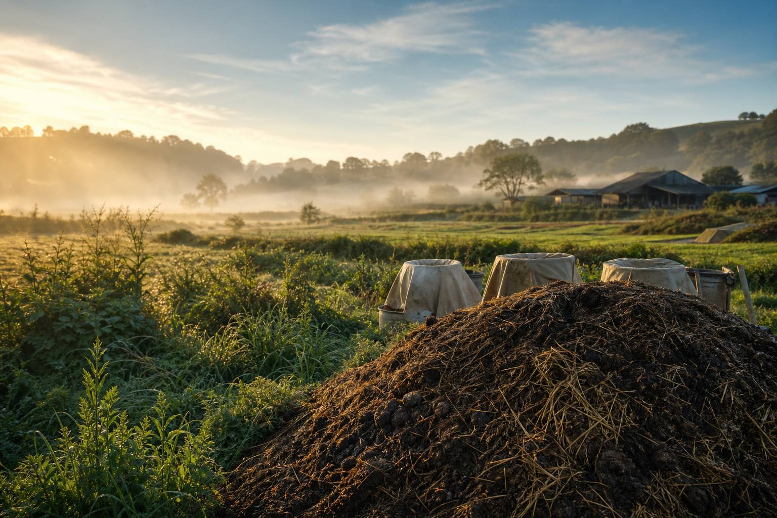 Préparations biodynamiques et compost dans une ferme, paysage vallonné au petit matin