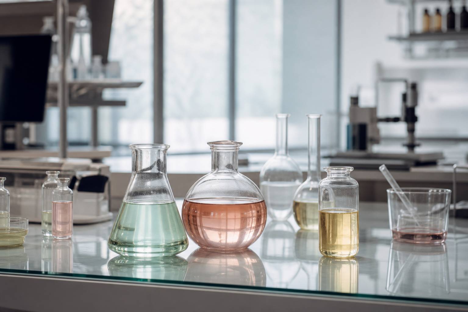 Flacons de solutions buvables Catalyons sur plan de travail en verre