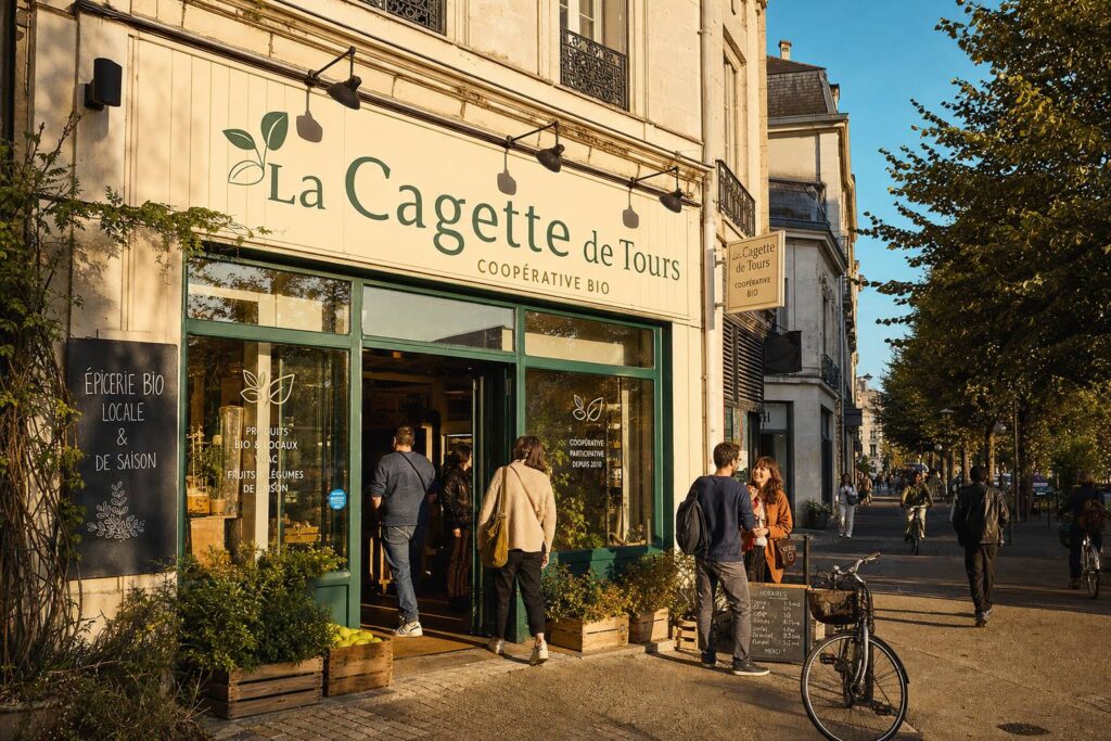 Façade du magasin coopératif bio Coop Nature à Tours sous la lumière dorée