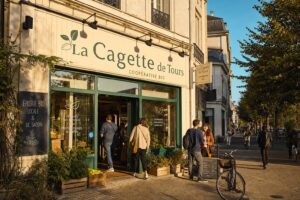 Façade du magasin coopératif bio Coop Nature à Tours sous la lumière dorée