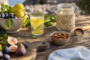 Fruits frais, amandes et flocons d'avoine sur table en bois, lumière matinale dorée, alimentation naturelle