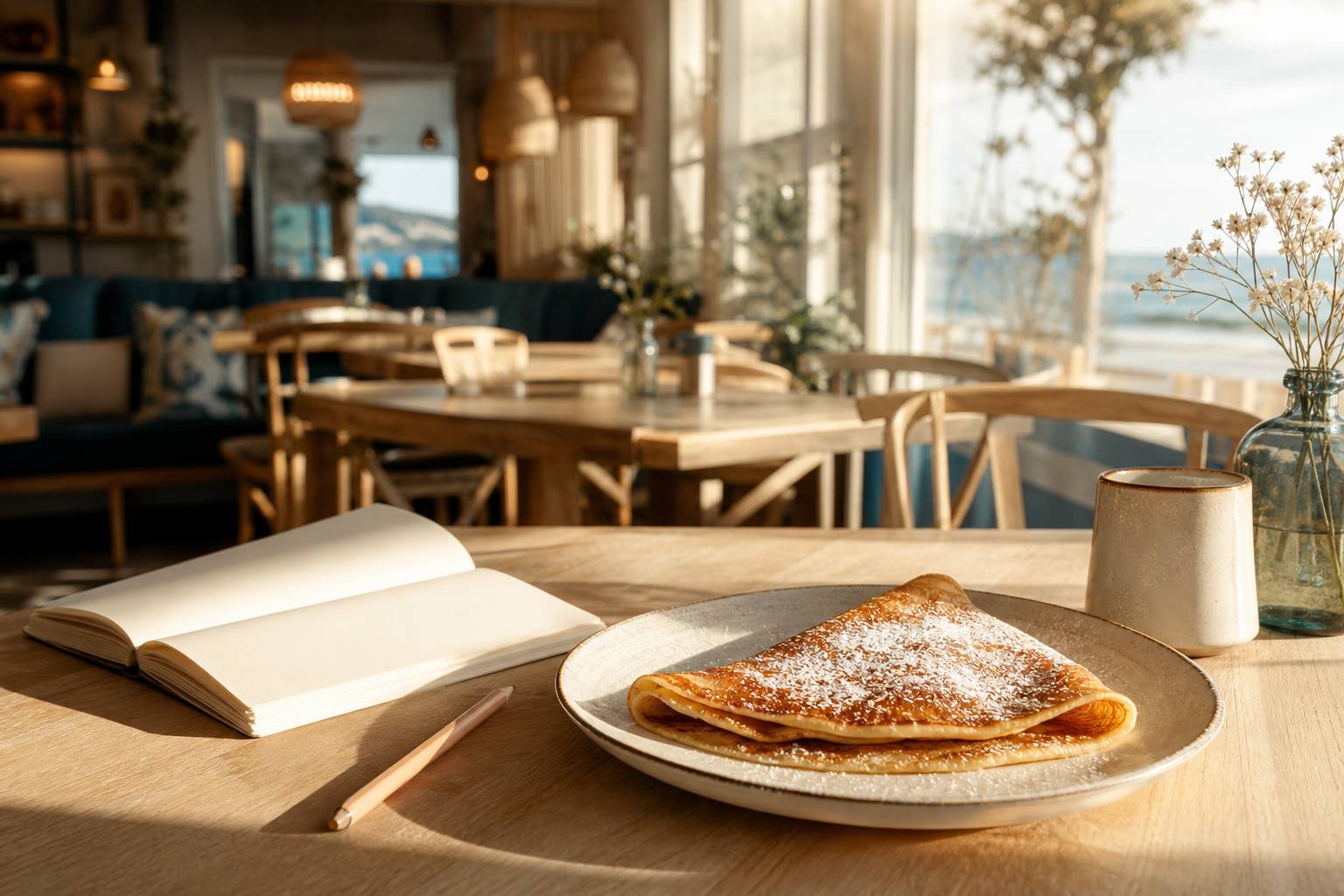 Crêpe saupoudrée de sucre dans une assiette, carnet de calories à côté, scène de restaurant