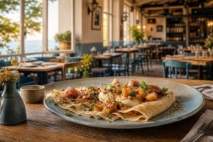 Crêpe délicate dans une crêperie traditionnelle, plat français avec notation calorique