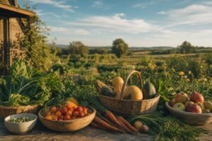 Légumes de saison frais sur une table en bois, cuisine responsable pour réduire son empreinte écologique