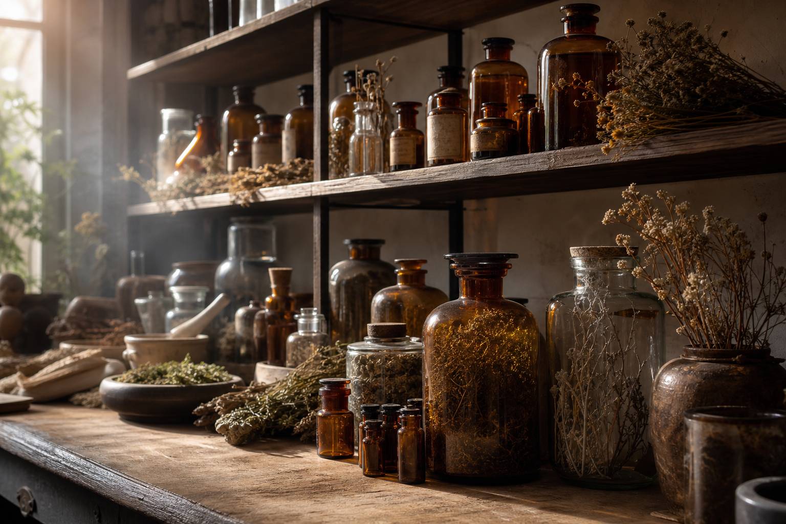 Étagère de laboratoire Dietaroma avec flacons ambrés et plantes séchées