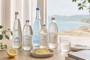Bouteilles d'eau faiblement minéralisée sur table en bois clair, verre d'eau et rondelles de citron