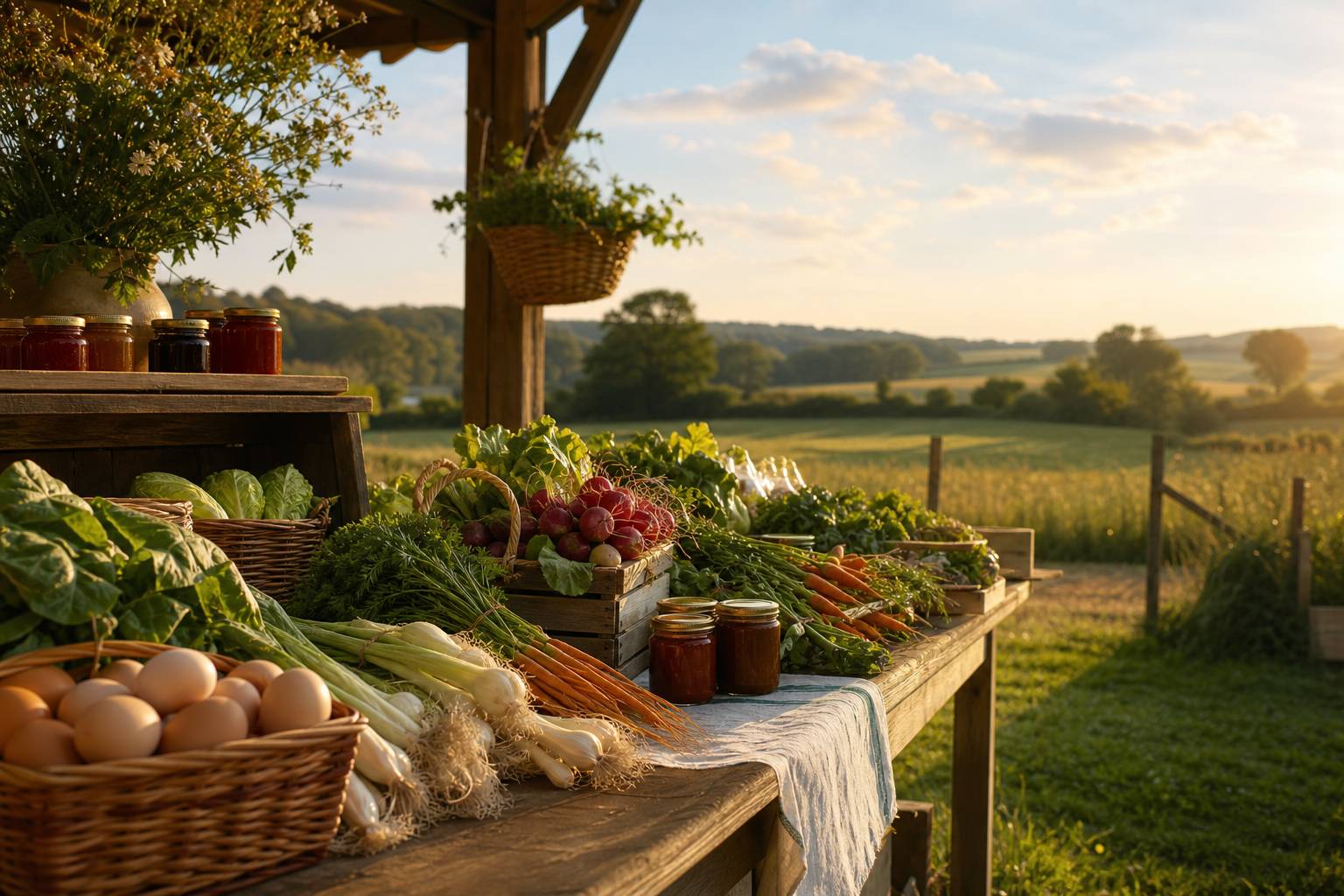 Stand de vente directe fermier avec oeufs, légumes et confitures maison à la ferme