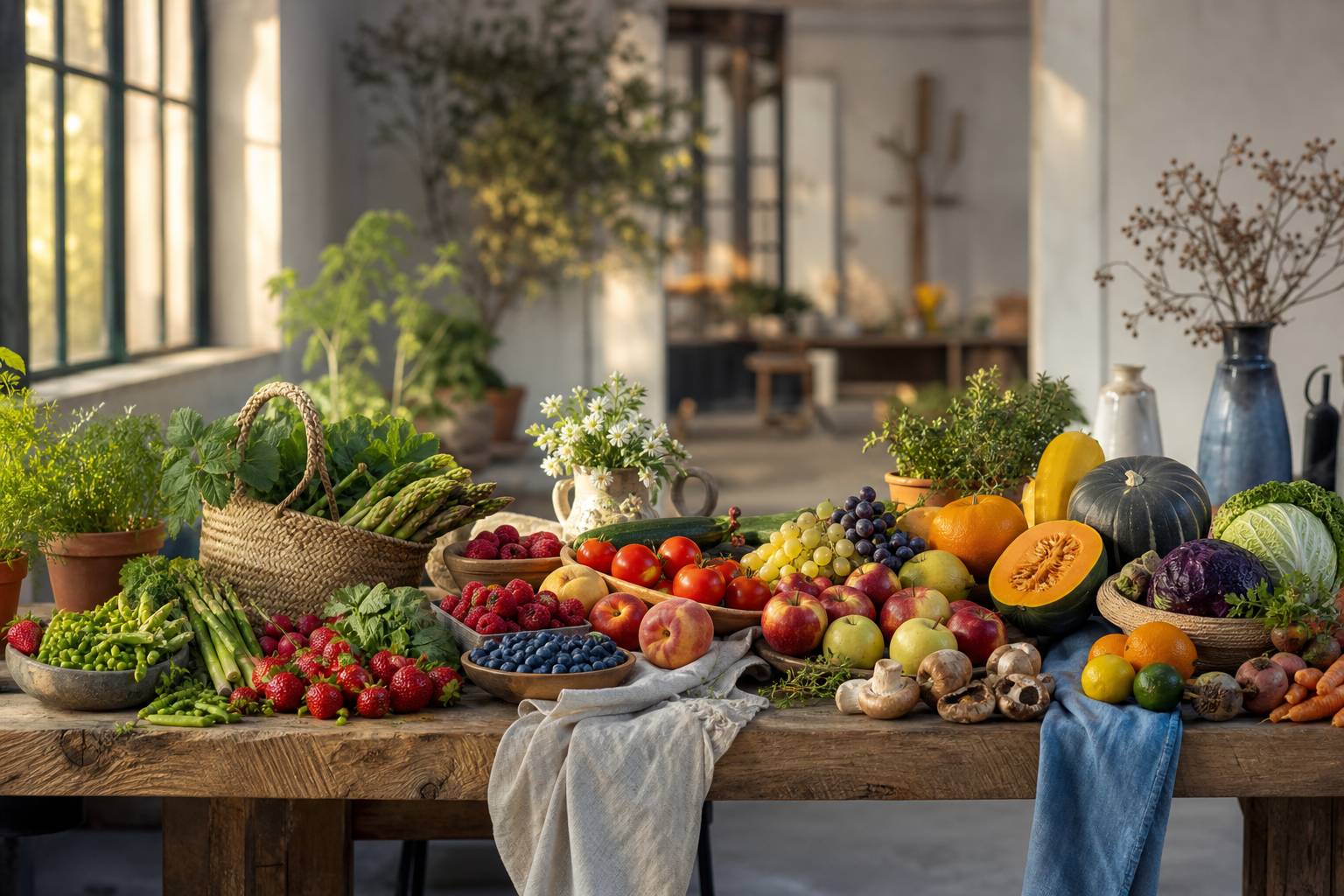 Étalage coloré de légumes de saison sur une table rustique, panier du marché