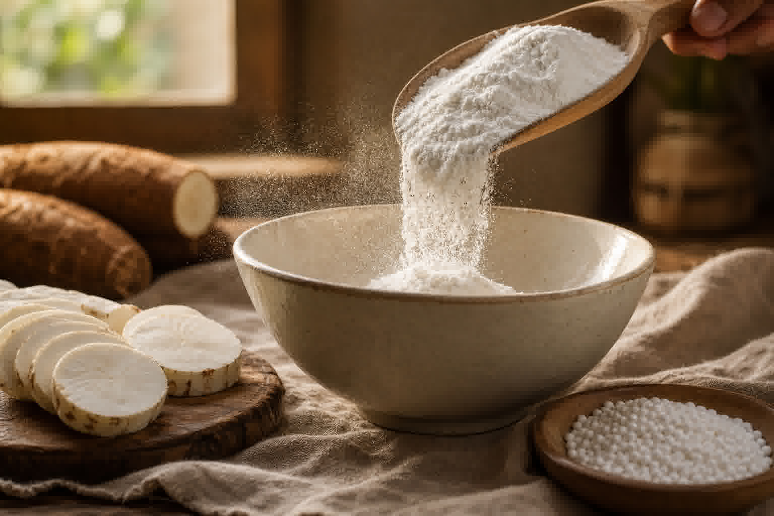 Farine de tapioca versée dans un bol avec perles et morceaux de manioc