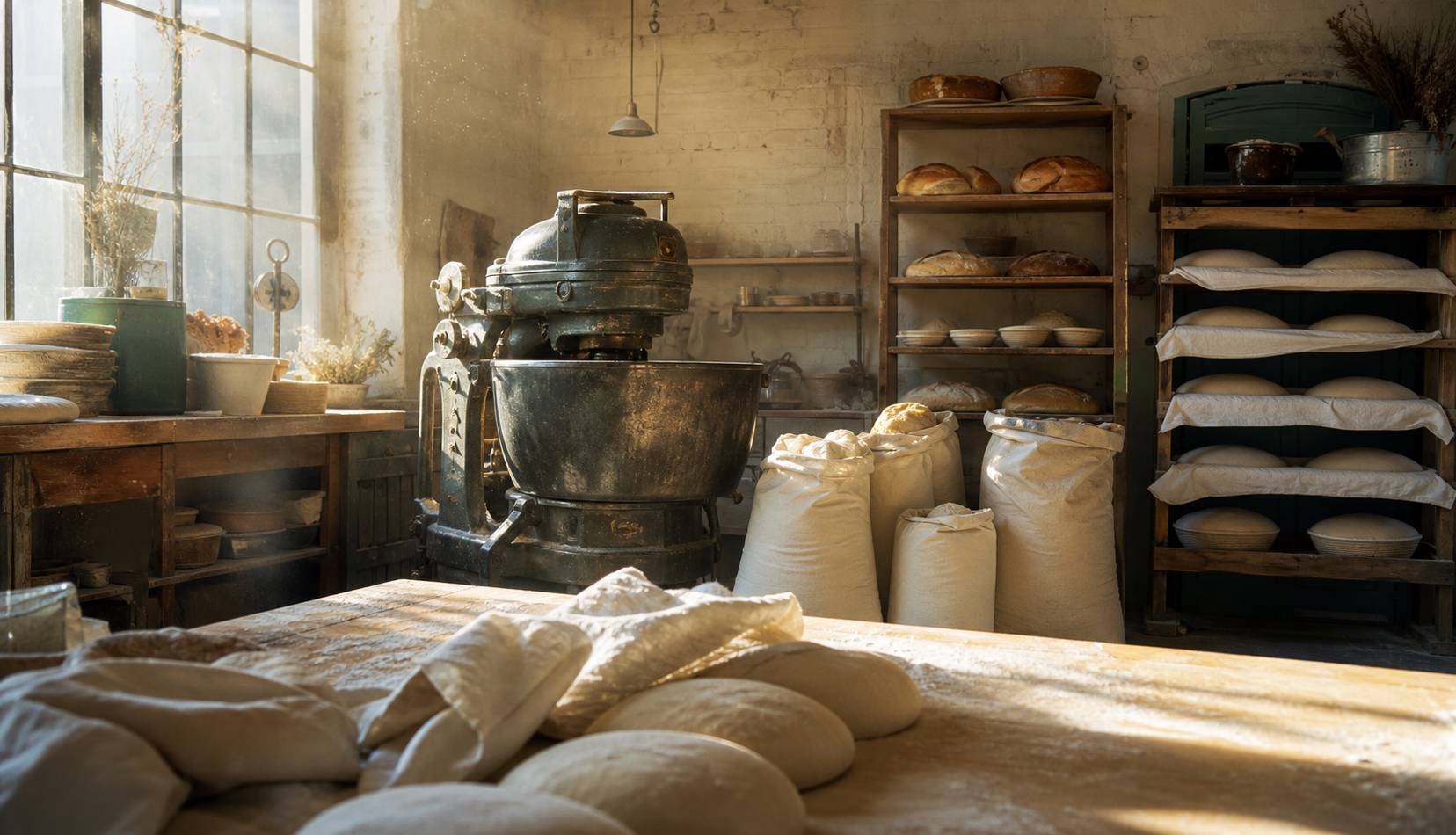 Atelier de boulangerie avec petrin et farine bio