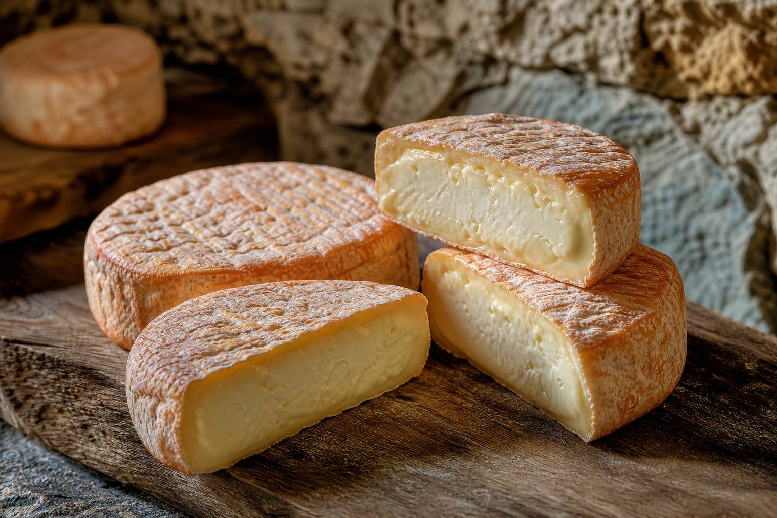 Plateau de fromages à pâte molle avec croûte orangée sur planche en bois