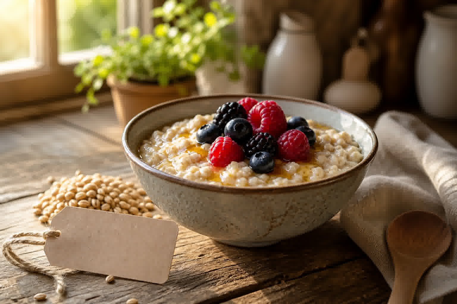 Bol de porridge d'avoine avec indication sans gluten à côté
