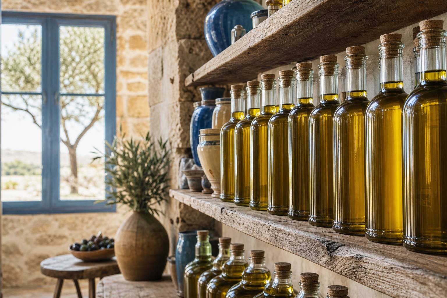 Huilerie artisanale provençale avec bouteilles d huile d olive sur étagères en bois