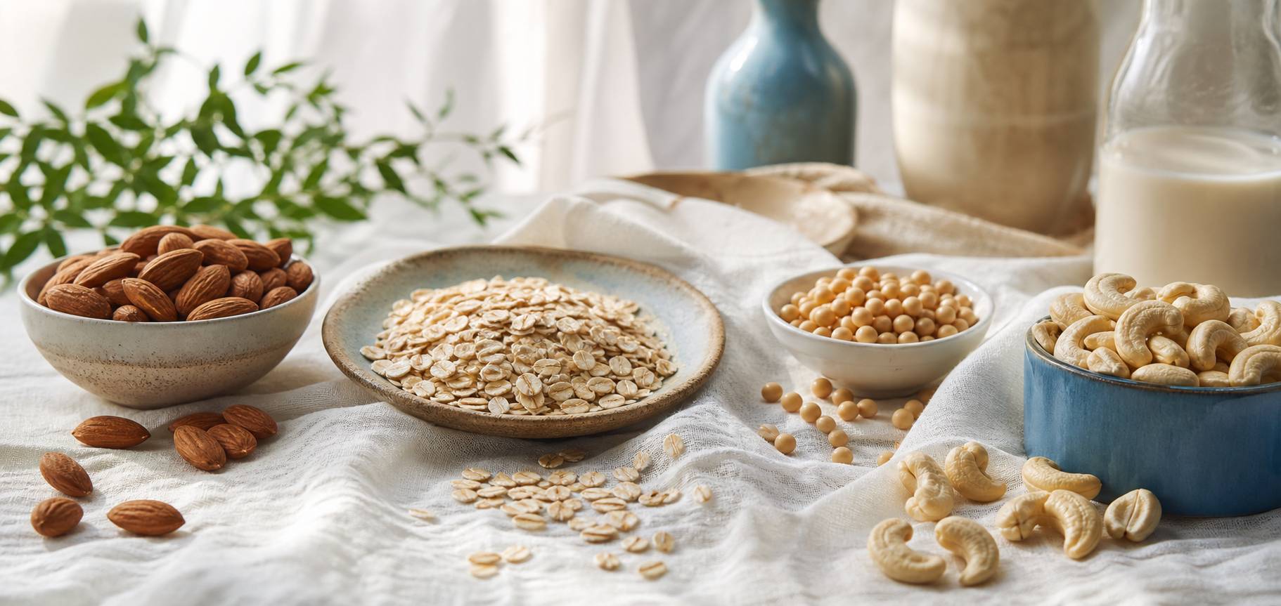 Amandes avoine et noix ingrédients pour boissons végétales maison