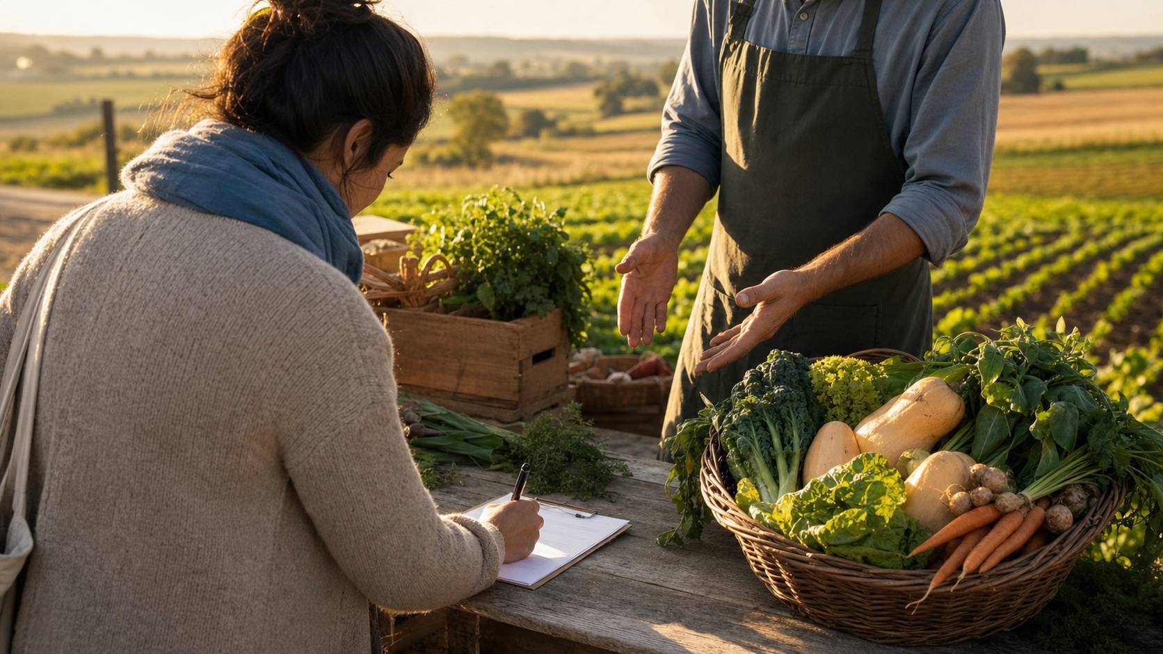 Inscription à une AMAP à la ferme, paniers de légumes frais et producteur en arrière-plan