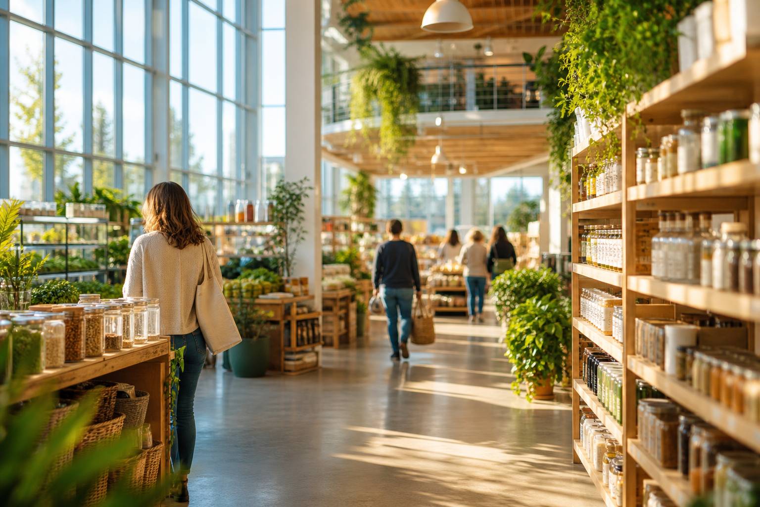 Interieur de magasin bio moderne avec rayons de produits naturels