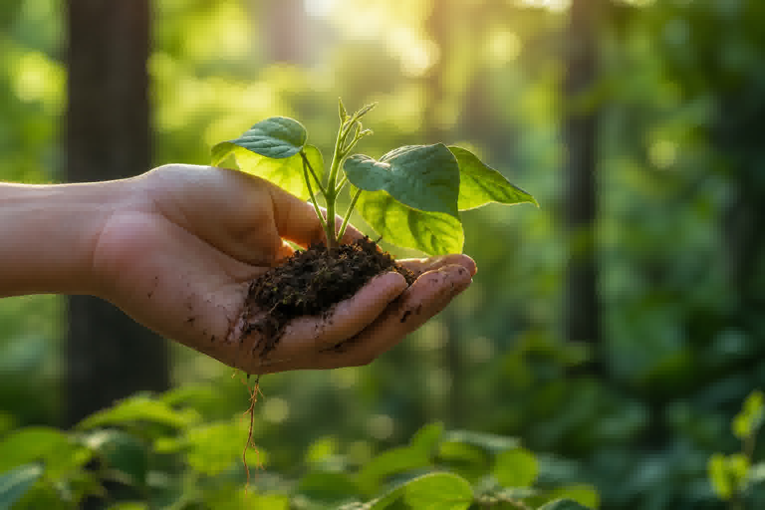 Jeune plant de kudzu dans une main, symbole d'aide naturelle contre le tabagisme