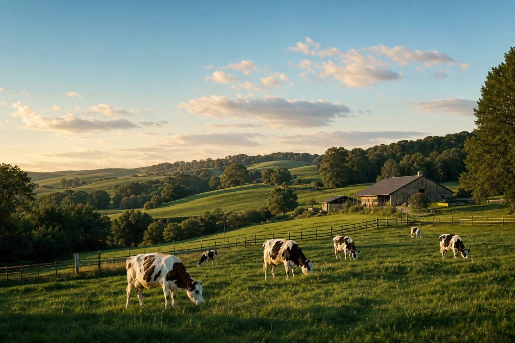 Ferme laitiere bio avec vaches dans pre verdoyant