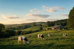 Ferme laitiere bio avec vaches dans pre verdoyant