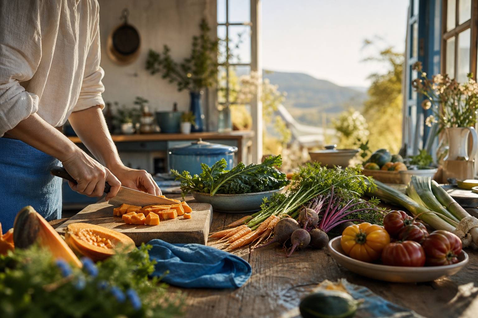 Préparation culinaire avec légumes de saison hachés sur une planche en bois, cuisine anti-gaspi