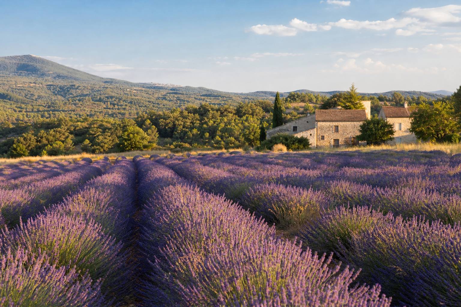 Champs de lavande et ferme bio dans le paysage du Luberon en Provence