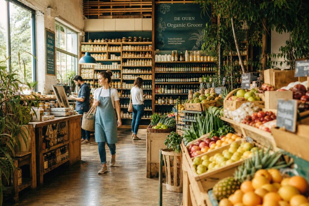 Intérieur d'un magasin bio aux rayons colorés éclairé par une lumière naturelle chaude