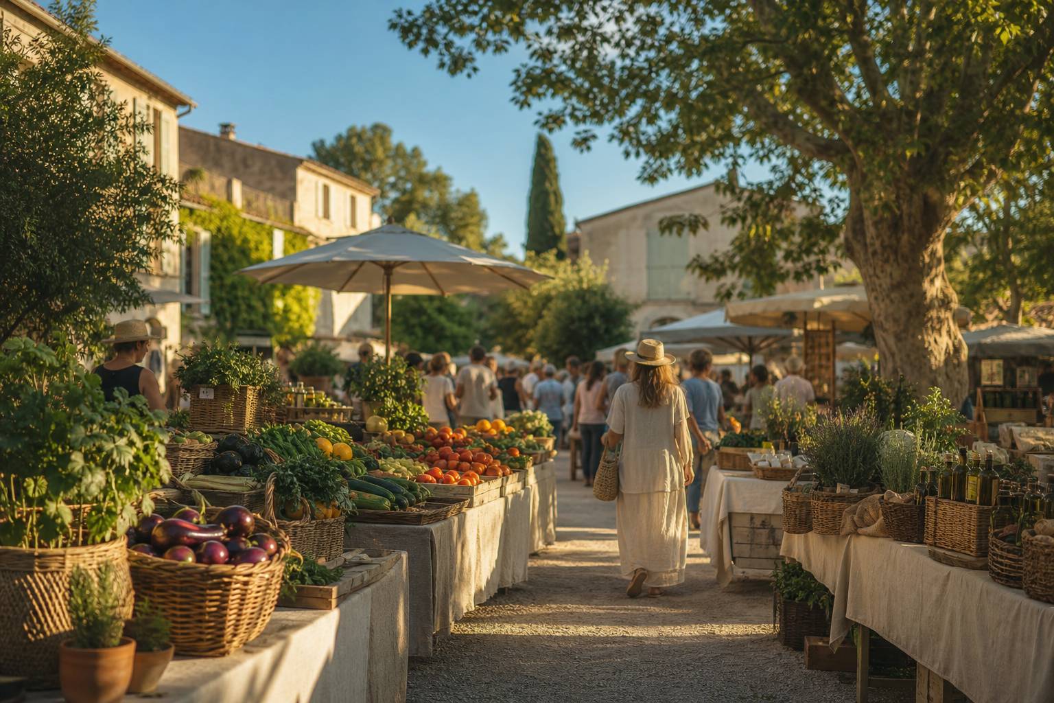 Marche bio avec etals colores de fruits et legumes