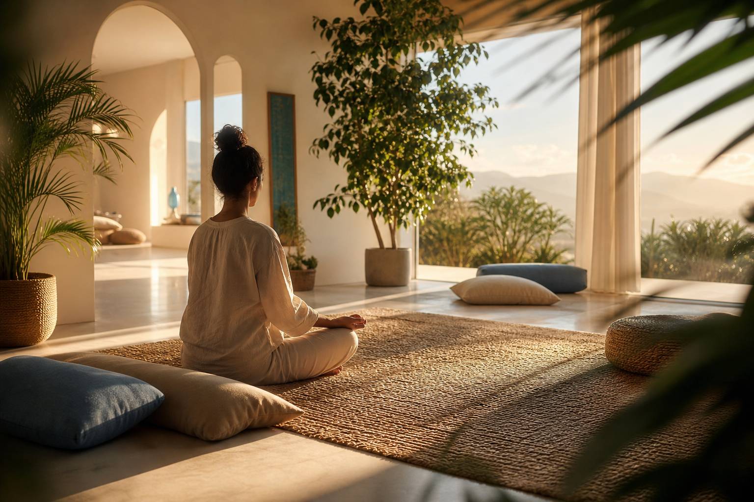Personne meditant dans interieur apaisant bien-etre mental