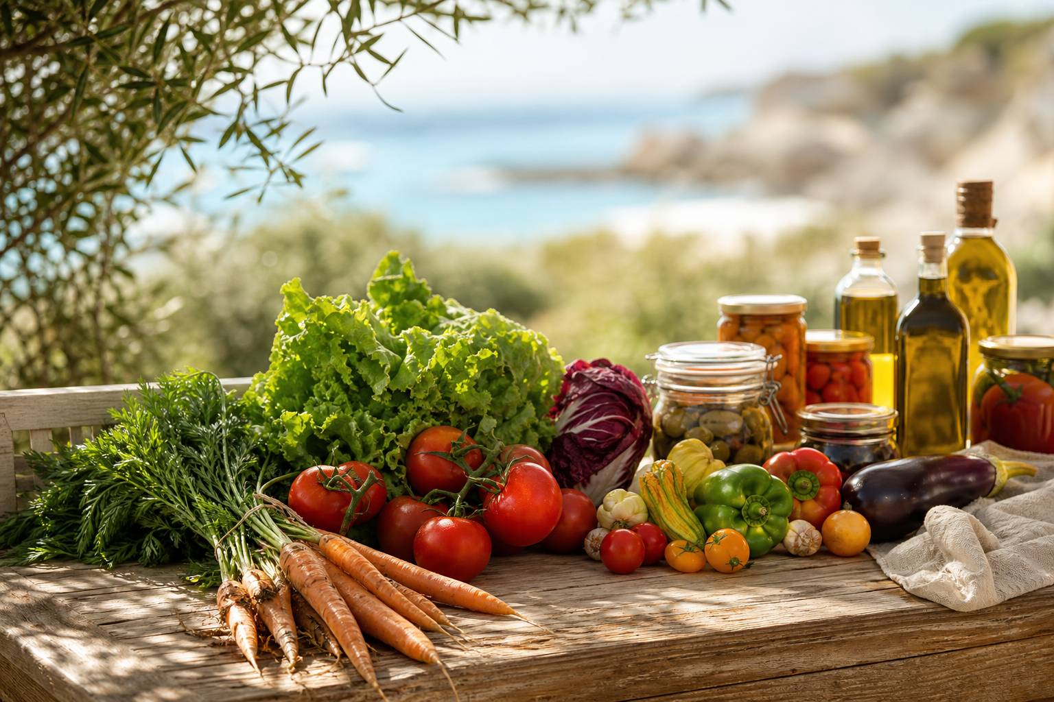 Sélection de produits bio sur une table en bois : légumes, bocaux et huiles