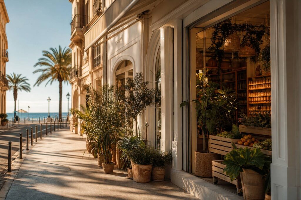 Rue commerçante de Nice avec magasin bio et Promenade des Anglais