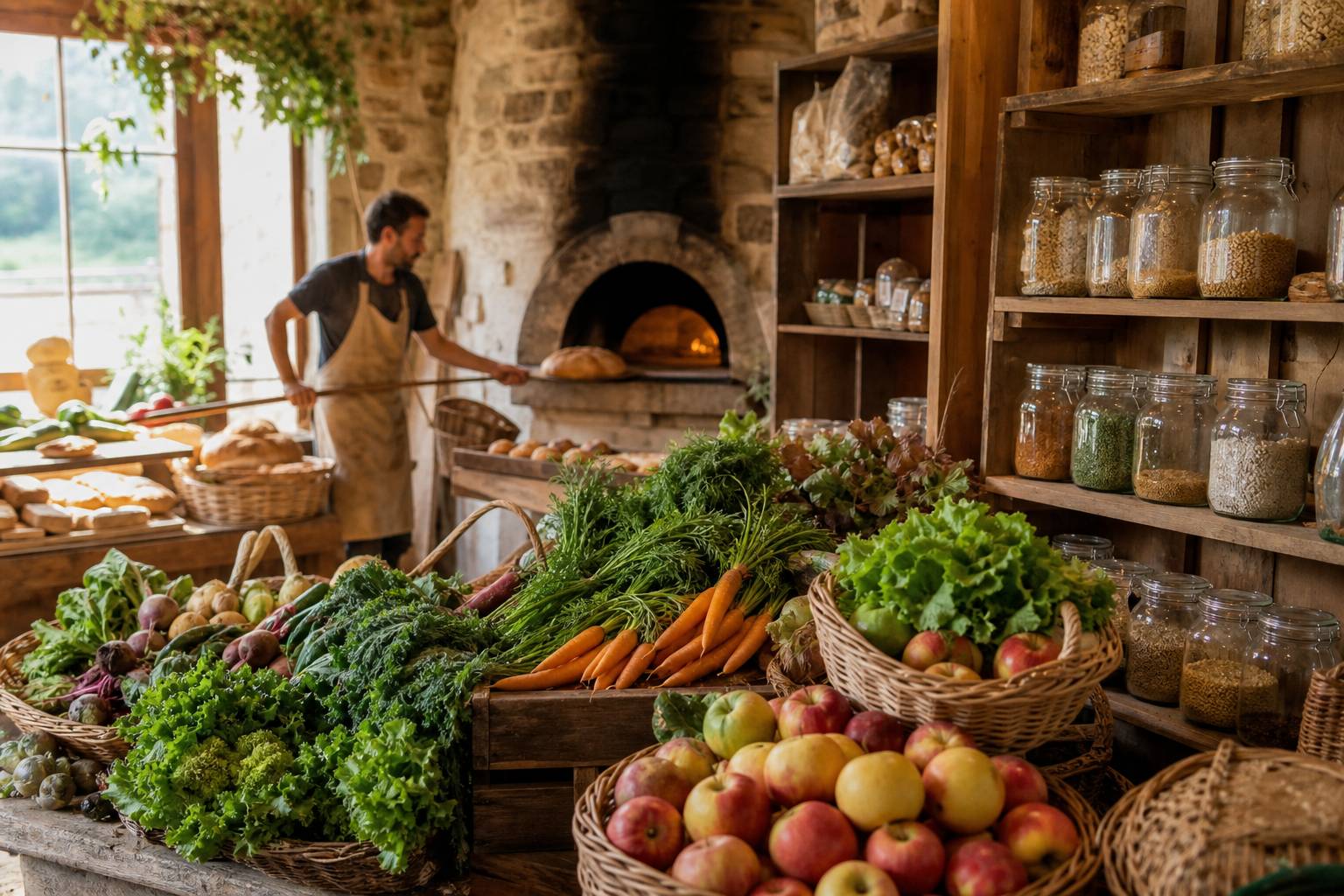 Intérieur du magasin bio Naturéo à Livry-Gargan avec étagères en bois, fruits et légumes frais, pain artisanal et fromages à la coupe
